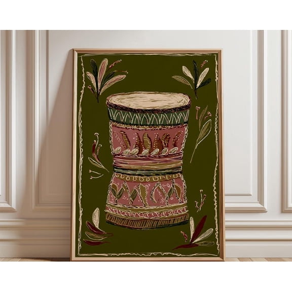 Taiko Drum Japanese Folk Drum Illustration Botanical Instrument Wall Art, Unframed Paper Poster 8x10in