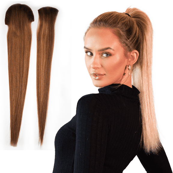 Tail Couture Clip-In Ponytail Extension 18 100% Human Hair, Seamless Two-Piece Set Natural Look, Damage-Free, Easy to Apply Long Straight Pony Tail Hair Piece for Women (Dark Mixed Blonde)