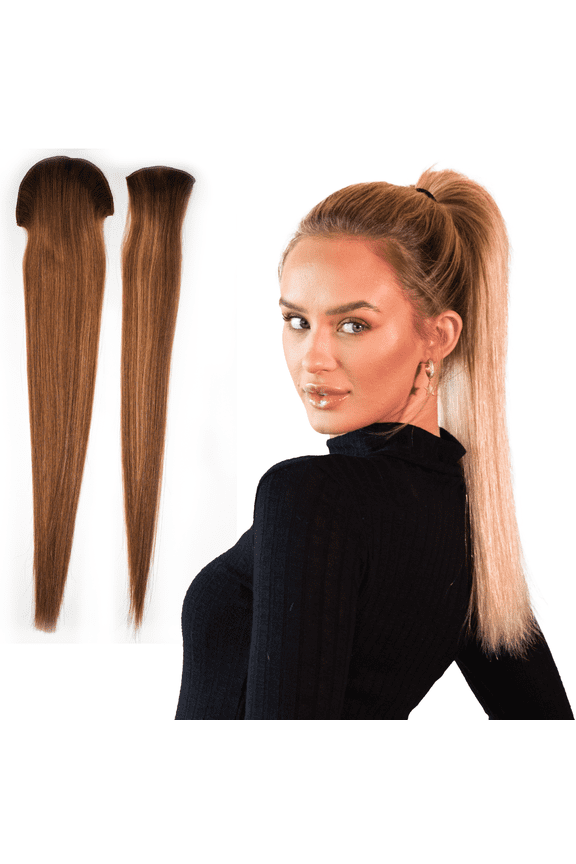 Clip-In Ponytail Extension 18 100% Human Hair, Seamless Two-Piece Set Natural Look, Damage-Free, Easy to Apply Long Straight Pony Tail Hair Piece for Women (Dark Mixed Blonde)