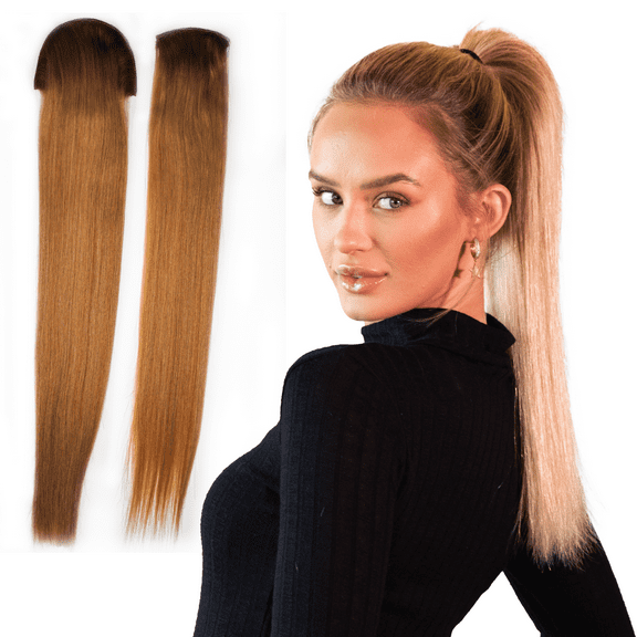 Tail Couture Clip-In Ponytail Extension 18 100% Human Hair, Seamless Two-Piece Set Natural Look, Damage-Free, Easy to Apply Long Straight Pony Tail Hair Piece for Women - #6A/22 Ash Blonde Mix
