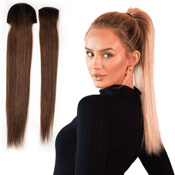 Tail Couture Clip-In Ponytail Extension 18 100% Human Hair, Seamless Two-Piece Set Natural Look, Damage-Free, Easy to Apply Long Straight Pony Tail Hair Piece for Women - #4/27 Brownie/Caramel