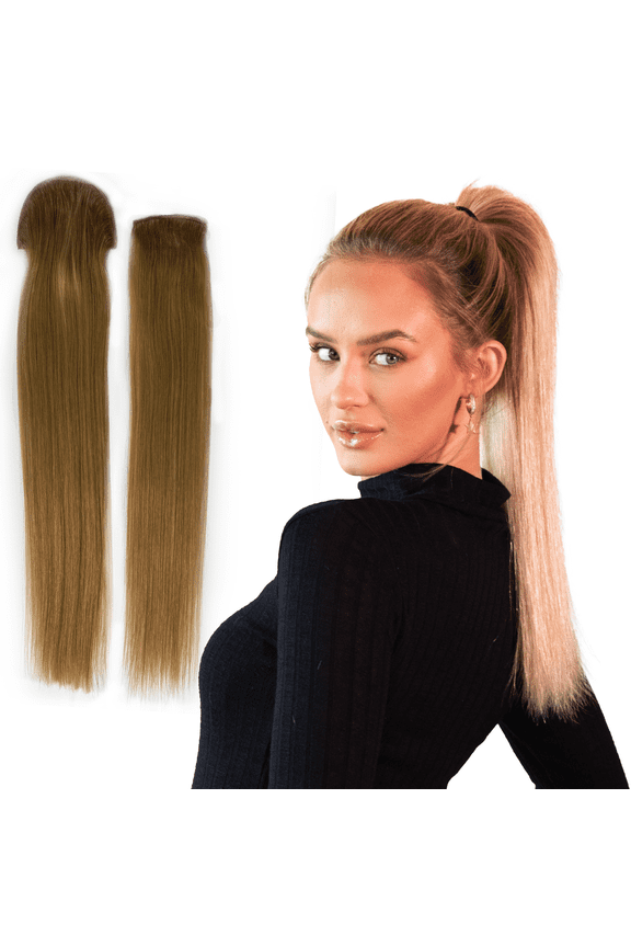 Clip-In Ponytail Extension 18 100% Human Hair, Seamless Two-Piece Set Natural Look, Damage-Free, Easy to Apply Long Straight Pony Tail Hair Piece for Women - Light Mixed Blonde