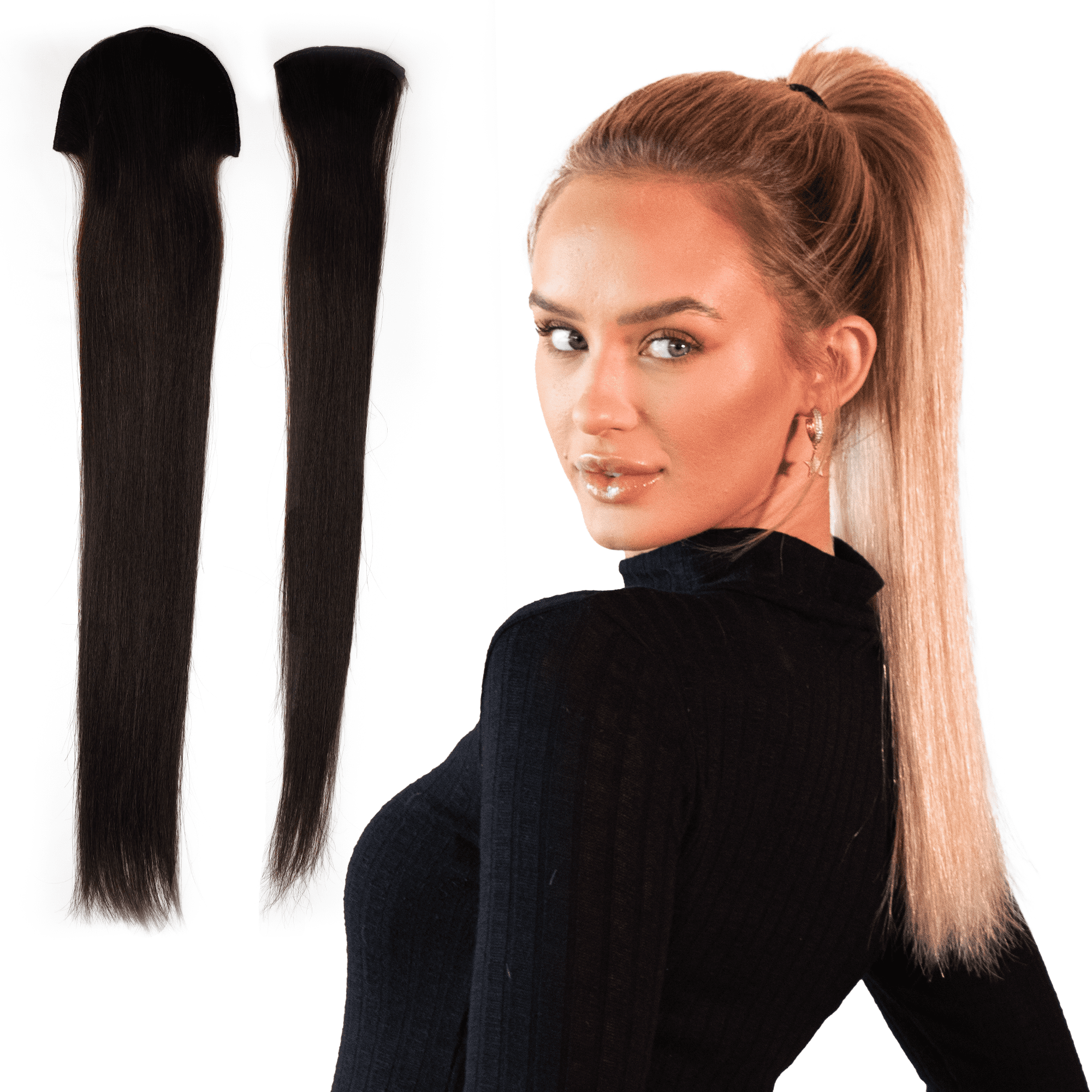 Tail Couture Clip-In Ponytail Extension – 18” 100% Human Hair, Seamless Two-Piece Set – Natural Look, Damage-Free, Easy to Apply – Long Straight Pony Tail Hair Piece for Women #1B - Off Black
