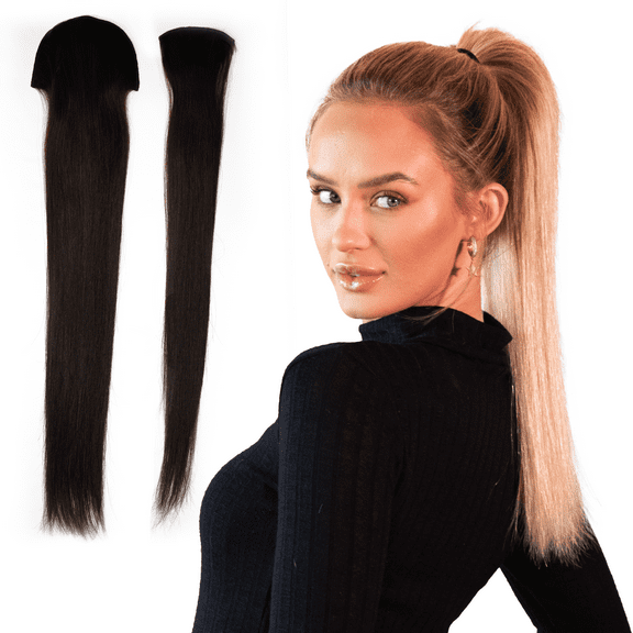 Tail Couture Clip-In Ponytail Extension 18 100% Human Hair, Seamless Two-Piece Set Natural Look, Damage-Free, Easy to Apply Long Straight Pony Tail Hair Piece for Women #1B - Off Black