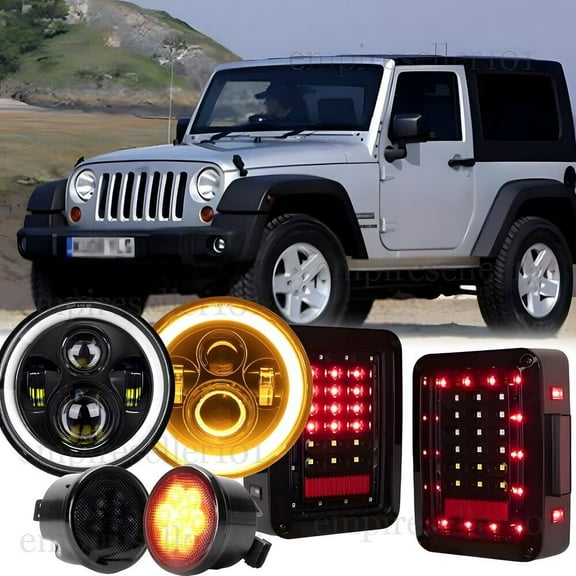 Tail Light+7" Halo LED Head Lamp+Turn Signal Lights For Jeep Wrangler JK 2007-18