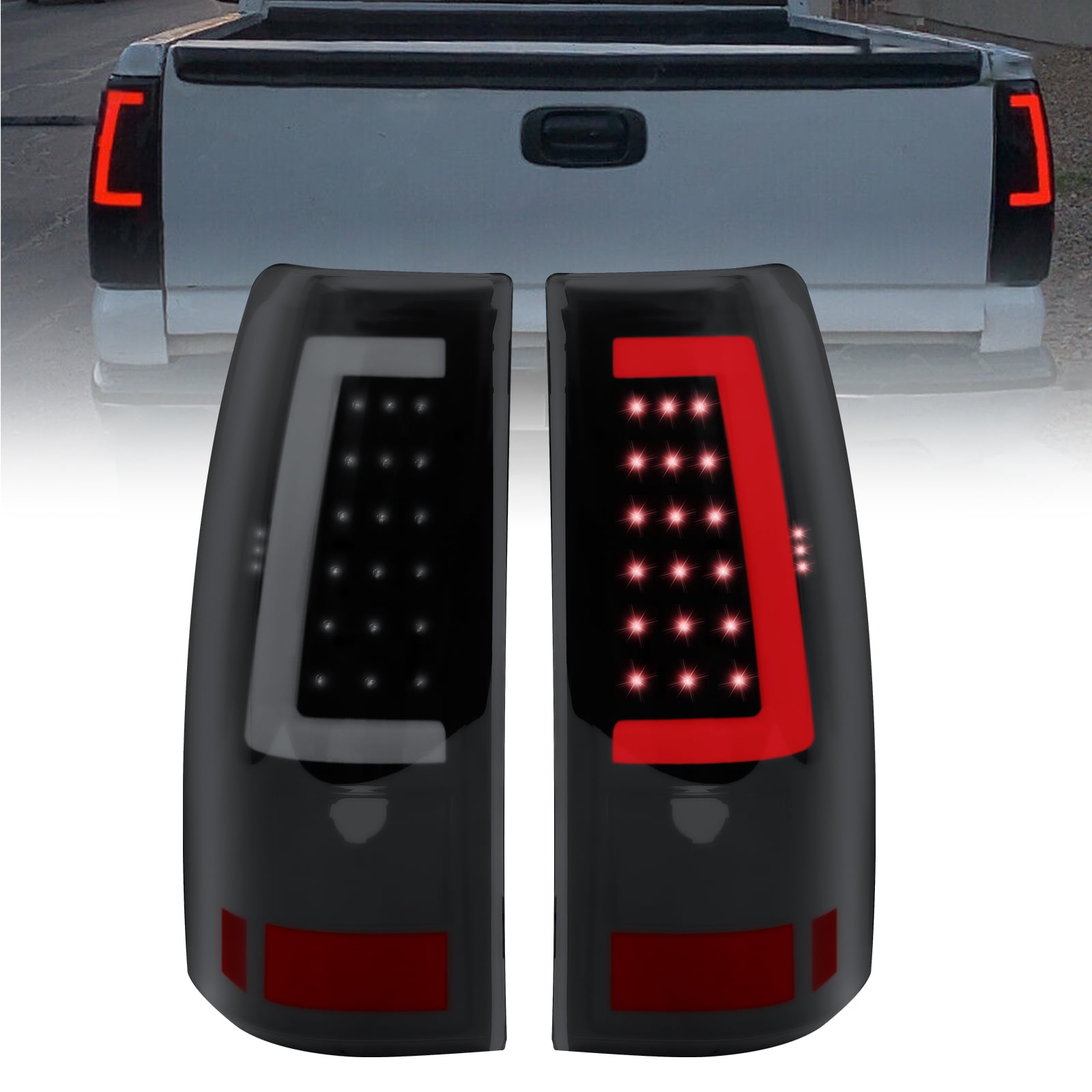 Tail Lights Compatible for 2003-2006 Chevy Silverado 1500 2500 3500 2007 Classic, C-Type LED Tube Black Housing Rear Brake Lamps OE Replacement Driver And Passenger Side
