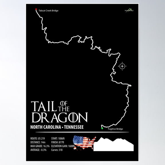 Tail Of The Dragon Road Us 129 Motorcycle Sports Car Trail Map Art Print Poster Wall Art, Modern Wall Decor, 16x24 UNFRAMED