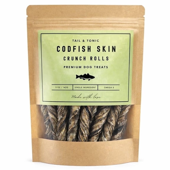 Tail & Tonic Cod Fish Skin Dog Treats - Air-Dried Single Ingredient Crunchy Chews for Dogs, 5 oz