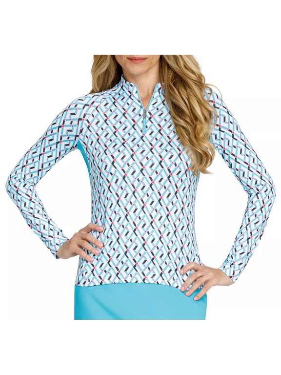 Women's 1/4 Zip Print Long Sleeve Raglan Golf Top, XS, Crystal Quartz Blue