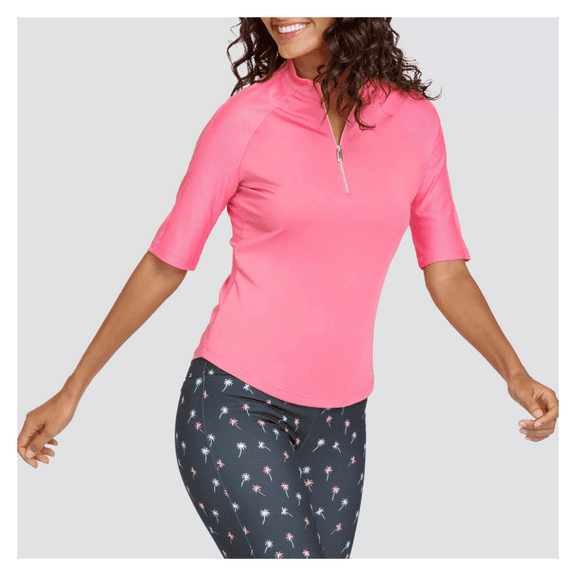 Tail Women's Elbow Sleeve Zip V-Mock Neck Top, Pink, XS