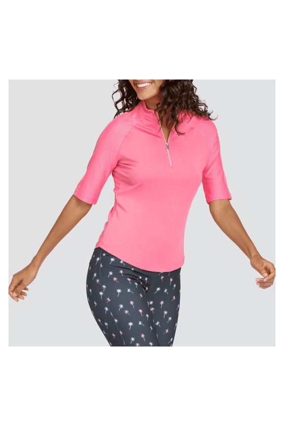 Women's Elbow Sleeve Zip V-Mock Neck Top, Pink, XS