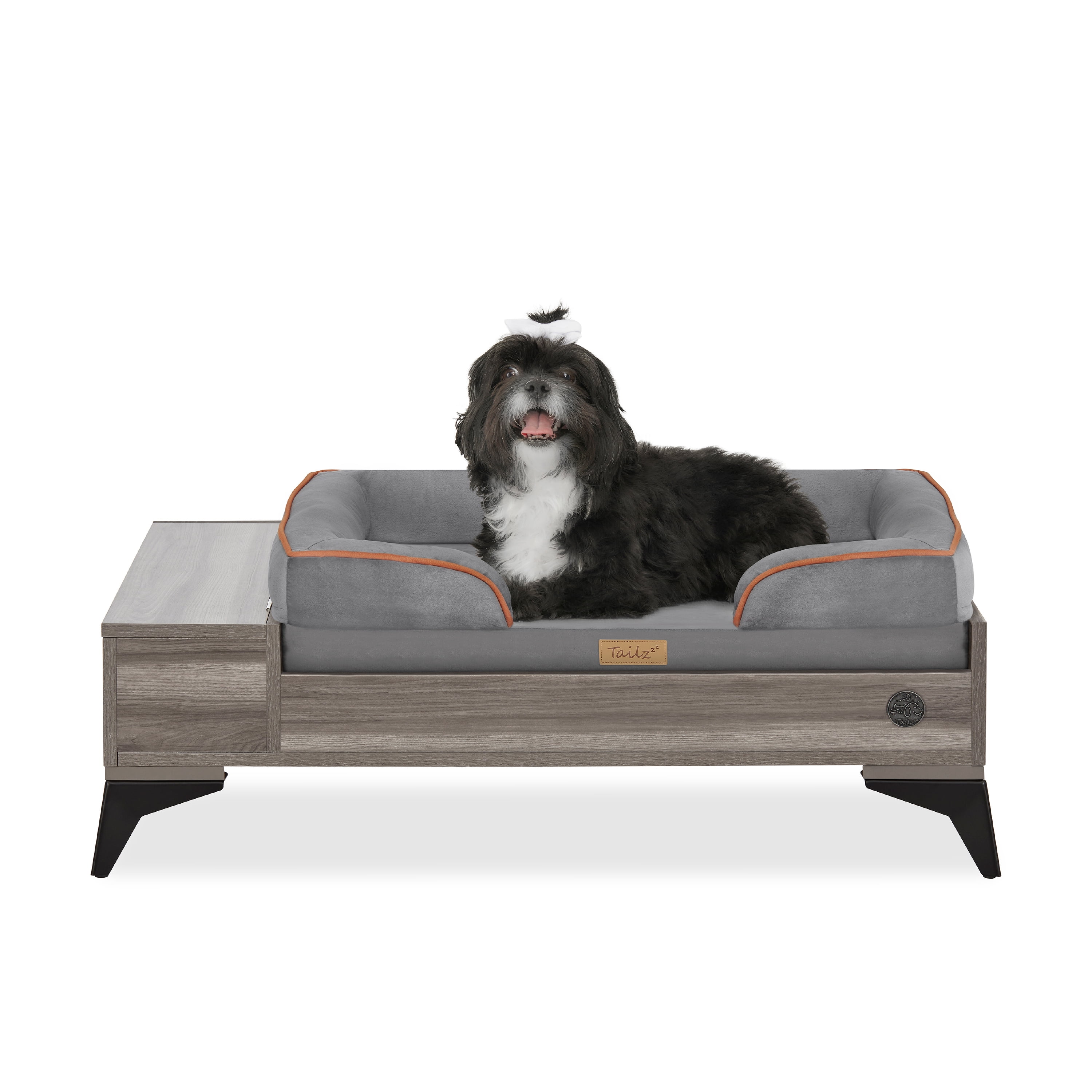 Medium Gray Wooden Elevated Pet Bed with Storage and Water-Resistant Mattress