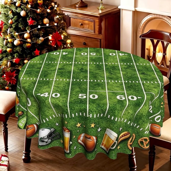 Tailgate Drink Football Field Graphic 2D Printed Circular Table Cover, 35/50/60/70 Inch Diameter, Polyester, Game Day Table Decoration, Sports Party Decor