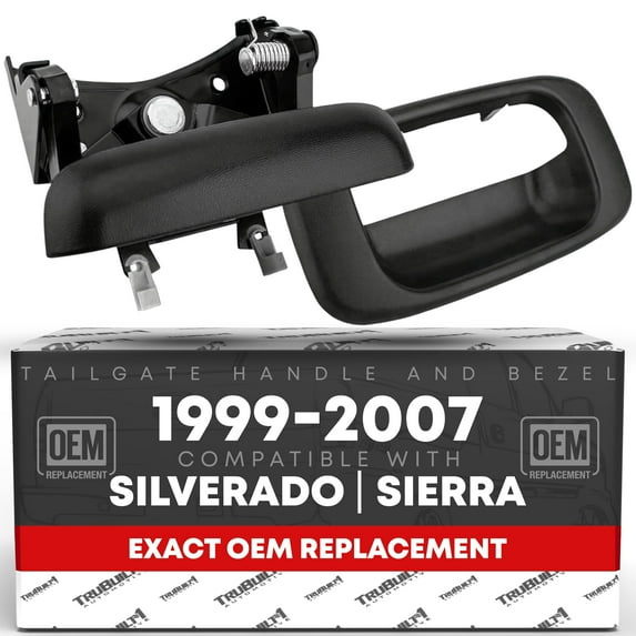 Tailgate Handle Assembly & Bezel - Compatible with 999-2007 Chevrolet Silverado 1500, 2500, 3500; 1999-07 GMC Sierra 1500, 2500, 3500 (Classic, HD, HD Classic) - Smooth Black - OEM 15228539, 15997911
