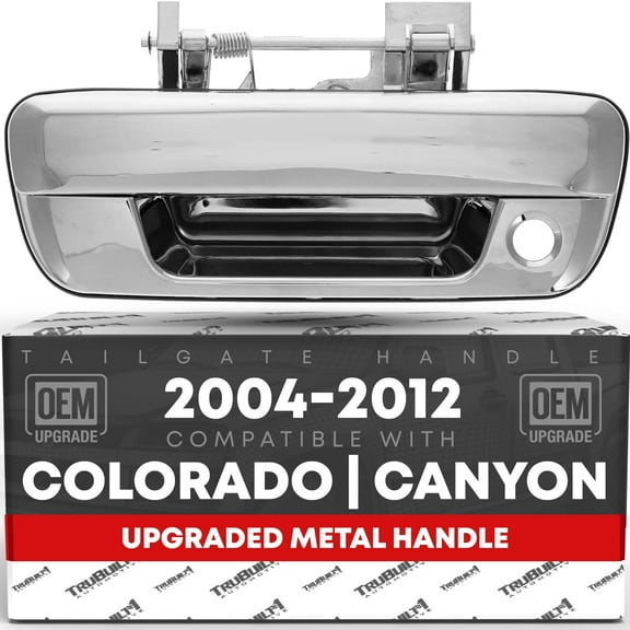 T1A Tailgate Handle Assembly, Upgraded Metal - Compatible with 2004-2012 Chevrolet Colorado, 2004-2012 GMC Canyon - Exterior Tailgate Latch, All Chrome w/Keyhole - OEM 93376845, 25801998, GM1915118