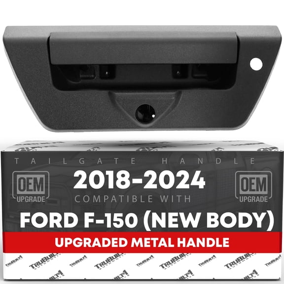 Tailgate Handle Latch Replacement, Upgraded Metal - Compatible with 2018 (New Body) - 2024 Ford F-150 - Exterior Tailgate Assembly, Textured Black w/ Keyhole, Camera Hole - OEM JL3Z-9943400-EB