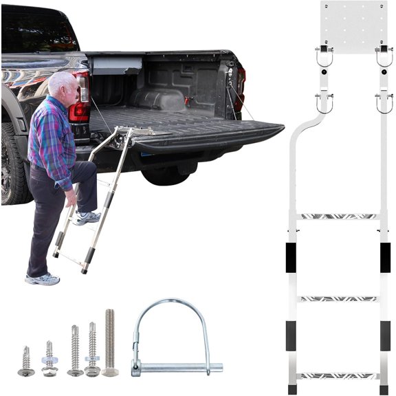 Tailgate Ladder, Stainless Steel Pickup  Tailgate Steps, Elder-Friendly  Bed Ladder with Anti-Slip Steps, No Noise Pad, Easy Install Foldable  Accessories Universal Fit  Ram