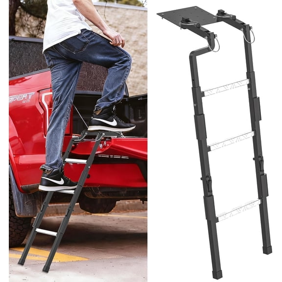 Tailgate Ladder Universal Fit,  Bed Step Ladder for Pickup  with Non-Slip  Steps for Easy Access, Stainless Steel Self Drilling Screws & Replaceable Rubber , 45" Adjustable