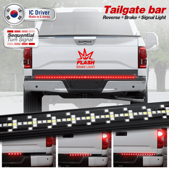 Tailgate Light Bar Arrow Style 60 inches, Red Strobe Brake, Tail, and Red Sequential Turn Signal with Reverse functions. 4-Pin connector, Universal fit.