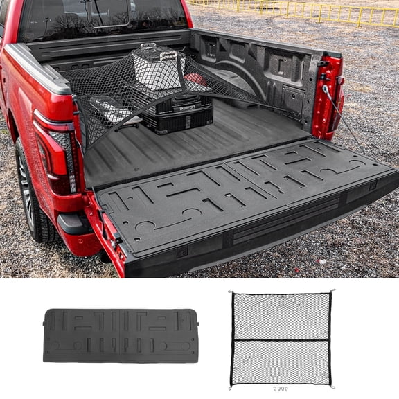 Bomely Tailgate Mat Compatible with 2021-2025 2026 Ford F150 Tailgate Liner Tpe with Cargo Net 4'4' Single Layer Elastic 8 Hooks for 2024 Ford F-150 Accessories