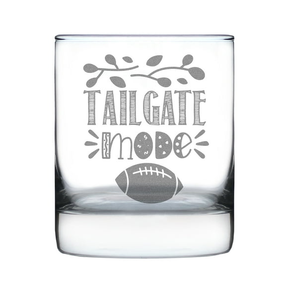 Tailgate Mode Rocks Glass, Hand Engraved Football Theme Tailgating Party Unique Etched Glassware, Fun Gift for Fans