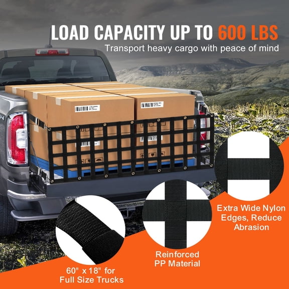 Tailgate Net,60 inx18 in,Heavy Duty Cargo Net for Truck Bed with 4 Adjustable Telescopic Straps,Extendable&Durable,Flexible Adjustment,Suitable for Pickup,Trailer,Truck,Jeep,SUV