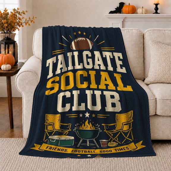 Tailgate Social Club with Football Grill Chairs Cooler and Stars, Game Day Style for Football Fans, Warm Flannel Blanket for Living Room and Fan Cave, Father's Day Gift, Home Decor