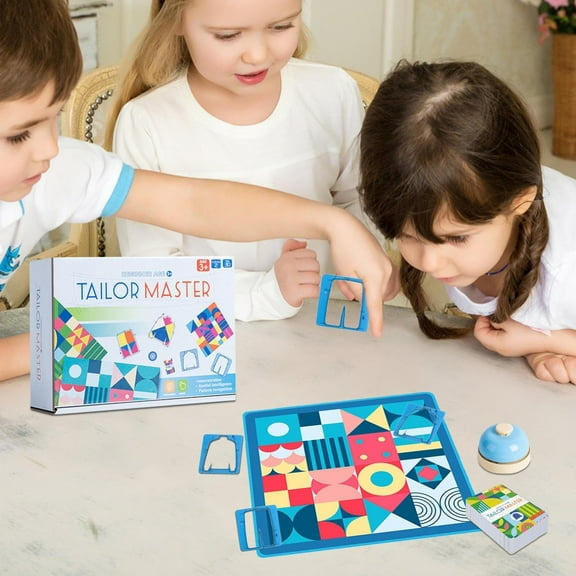 Tailor Master Board Game For 2 Players, Double Battle Reaction & Focus Training With Shape Color Matching, 2 Tablecloths 4 Stencil Cards 1 Bell 1 Card Set, Intermediate English