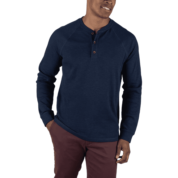 Tailor Vintage Henley Button-Up Long Sleeve Shirt with Stretch Waffle Fabric (Navy, Medium)