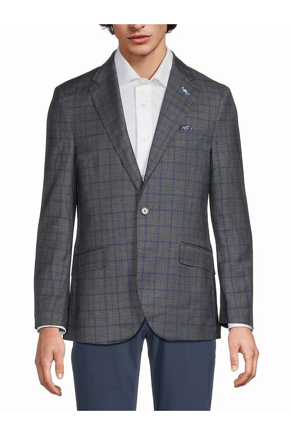 TailorByrd Mens Modern fit Sport Coat Blazer 44 L Grey Blue Windowpane Stretch