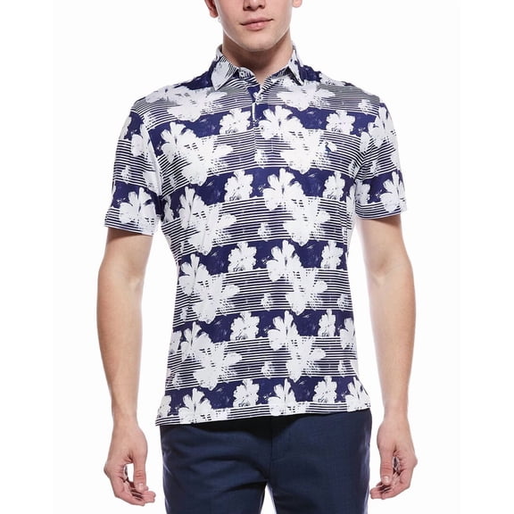TailorByrd mens Tropical Stripe Floral Printed Performance Polo Shirt, XL, Navy