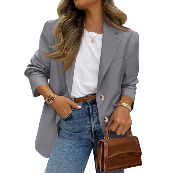 Tailored Blazers Womens Business Casual Spring 2026 Long Sleeve Lapel Open Front Button Work Blazer Jackets with Pockets Gray M