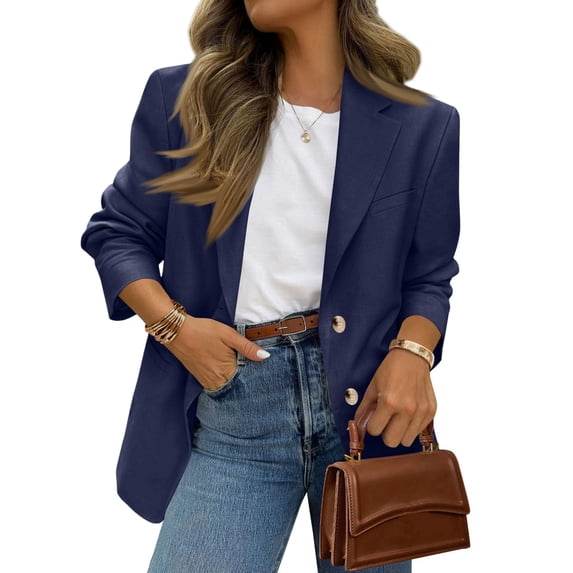 Tailored Blazers Womens Business Casual Spring 2026 Long Sleeve Lapel Open Front Button Work Blazer Jackets with Pockets Navy 2XL