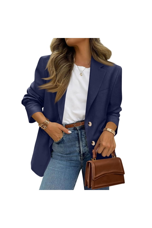 Tailored Blazers Womens Business Casual Spring 2026 Long Sleeve Lapel Open Front Button Work Blazer Jackets with Pockets Navy 2XL