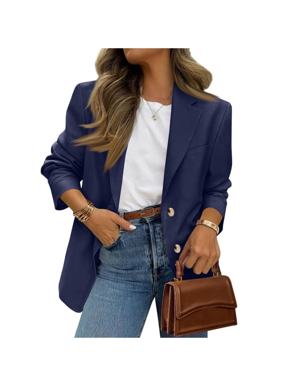 Tailored Blazers Womens Business Casual Spring 2026 Long Sleeve Lapel Open Front Button Work Blazer Jackets with Pockets Navy XL