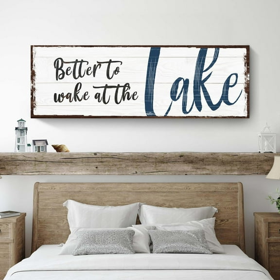 Tailored Canvases Lakehouse Sign- better to wake at the lake- Rustic Canvas Art Print for Indoor and Outdoor Decor - Large Ready-to-Hang Wall Art for Lake House, Living Room, Bedroom, or kitchen-16x48
