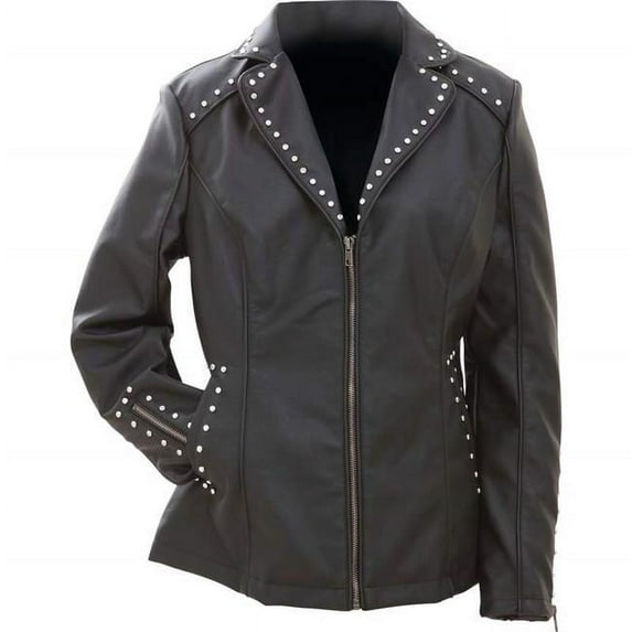 Black Leather Jacket for Women Studded Matching silver-tone zipper side pockets Faux Leather