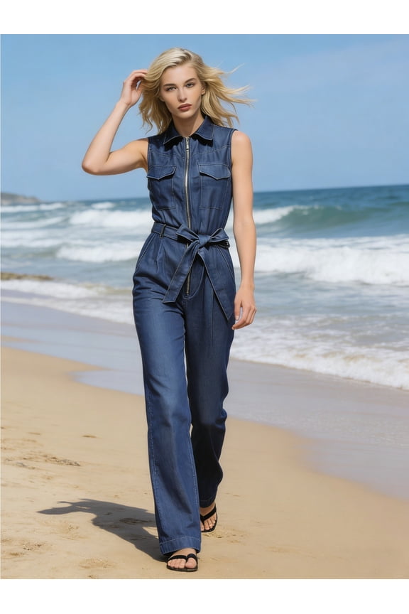 Tailored Stretch Denim Style Jumpsuit with Metallic Zipper and Tie Waist Sleeveless Wide Leg Romper for Summer Vacation
