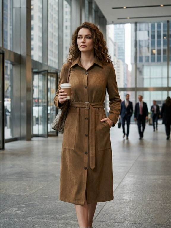 Tailored Stretch Faux Suede Shirt Dress with Buckle Belt and Pockets Professional Button Down Midi Gown for Office and Autumn Workwear