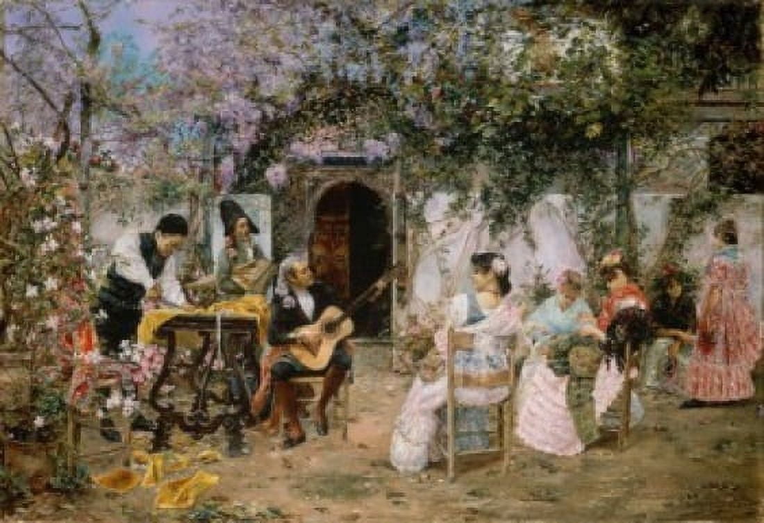 Tailors and Guitarist in the Garden 1890 Jose Gallegos y Arnosa (1859-1917Spanish) Canvas Art - Jose Gallegos y Arnosa (18 x 24)