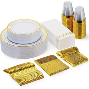 Taimasi Disposable Dinnerware Party Supply Sets, Gold, 175 Count