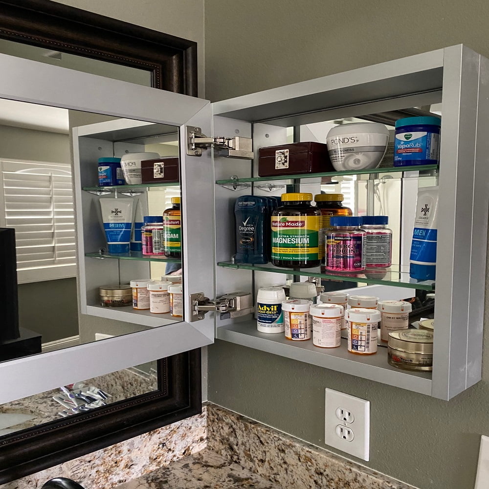 Taimei, Bathroom Mirror Cabinet, Stainless Steel, Aluminum, Glass, Mirrored, Polystyrene, 16" W x20" H x 4.5/8 D, Satin