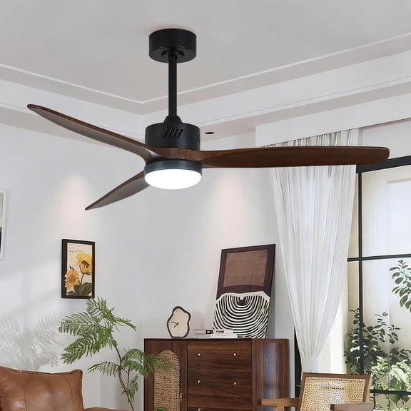 Taimei Glio 52 in. Black Dark Walnut Downrod Standard Ceiling Fan with Light, Integrated LED, and Remote Included, DC Motor Reversible