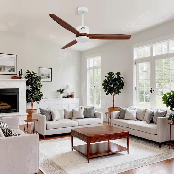 Taimei Glio 52 in. White Walnut Downrod Standard Ceiling Fan with Light, Integrated LED, and Remote Included, DC Motor Reversible