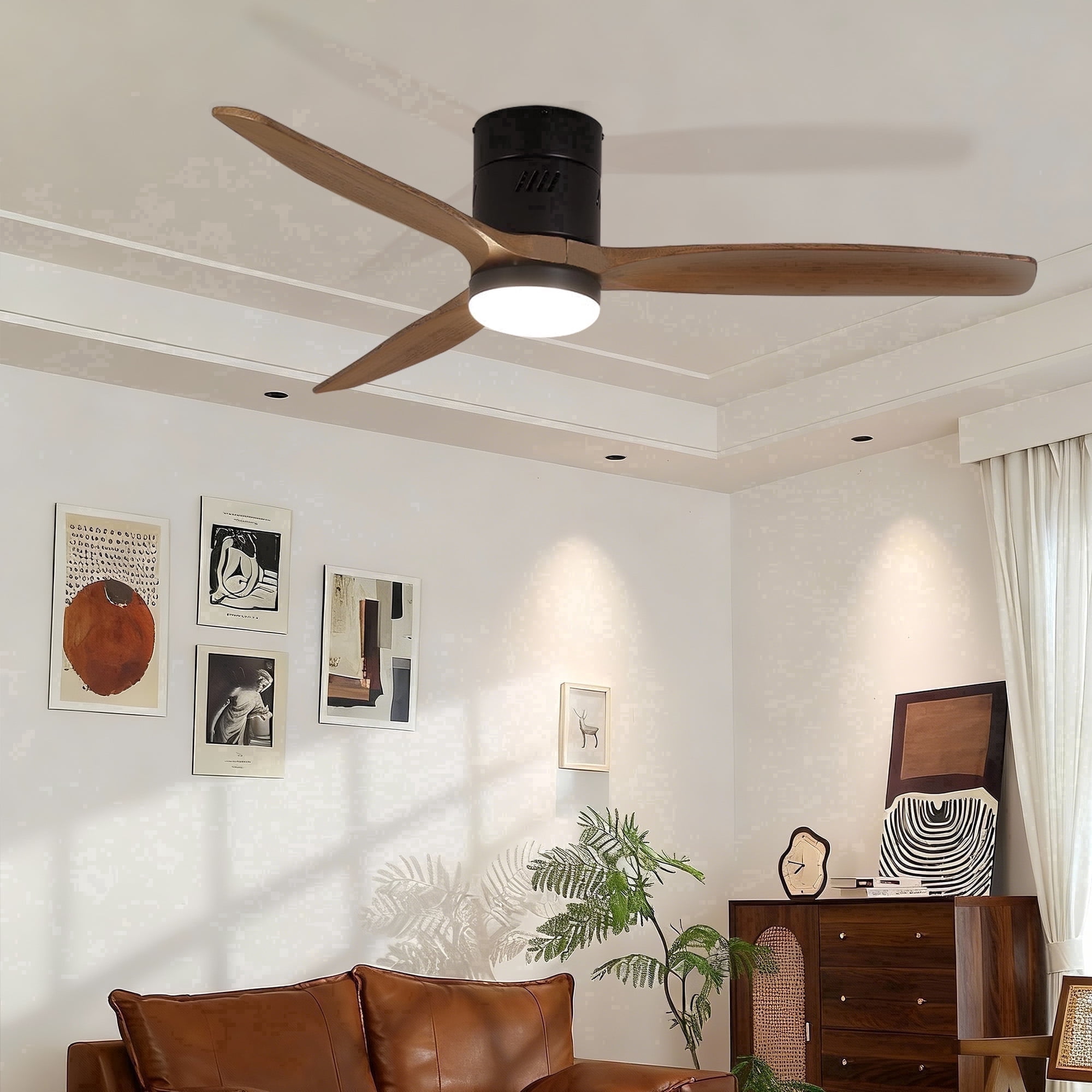 Taimei Ryme 52 in. Black Light Oak Flush Mount Ceiling Fan with Light and Remote, DC Motor, Reversible