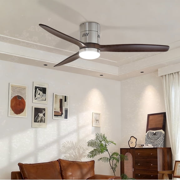 Taimei Ryme 52 in. Nickel Dark Walnut Flush Mount Ceiling Fan with Light and Remote, DC Motor, Reversible