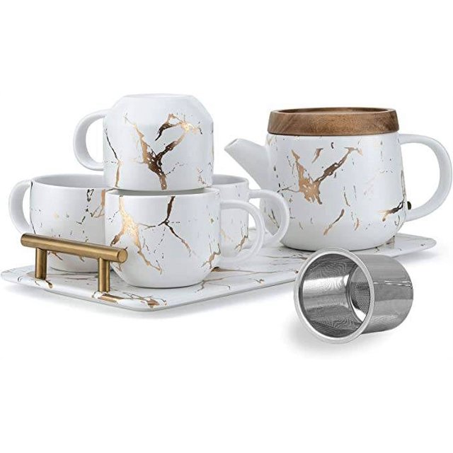 Taimei Teatime Ceramic Modern White Teapot Set, 25oz Tea Sets for