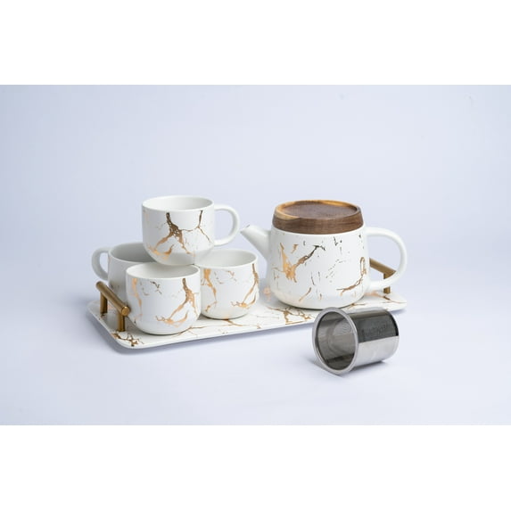 Taimei Teatime Tea Set for Adults, 25 oz White Ceramic Teapot Set with Infuser, Tea Cups and Ceramic Serving Tray, Modern Marble Design Tea Sets for Women, Tea Gift Set for Tea Lover