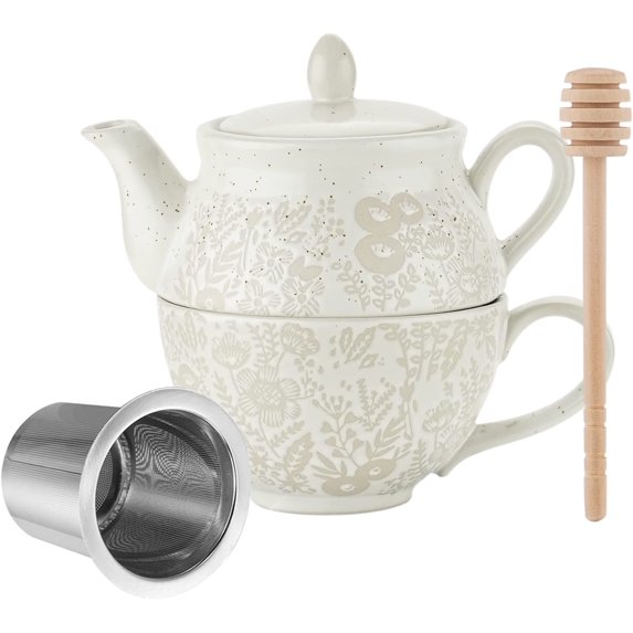Taimei Teatime Tea Set for Aduts, Creamy White Ceramic Tea for One Set with Honey Sticker, 15 OZ Teapot with Infuser and Cup Set for Loose Leaf Tea