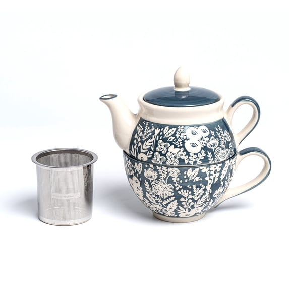 Taimei Teatime Tea Set for Aduts, Grey Ceramic Tea for One Set, 15 OZ Teapot with Infuser and Cup Set for Loose Leaf Tea
